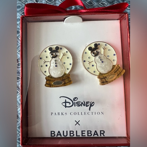 Disney x Baublebar Mickey Mouse Ears Snowman Snowglobe Pierced Earrings - Picture 1 of 6